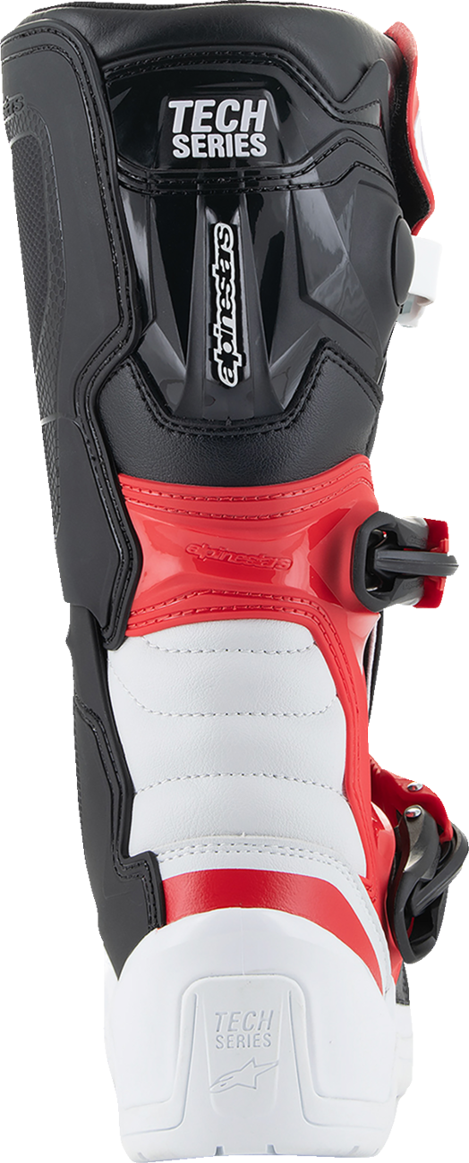 Alpinestars Youth Tech3S motorcycle riding boots in white, black, and red for junior riders, featuring protective design and ankle support.