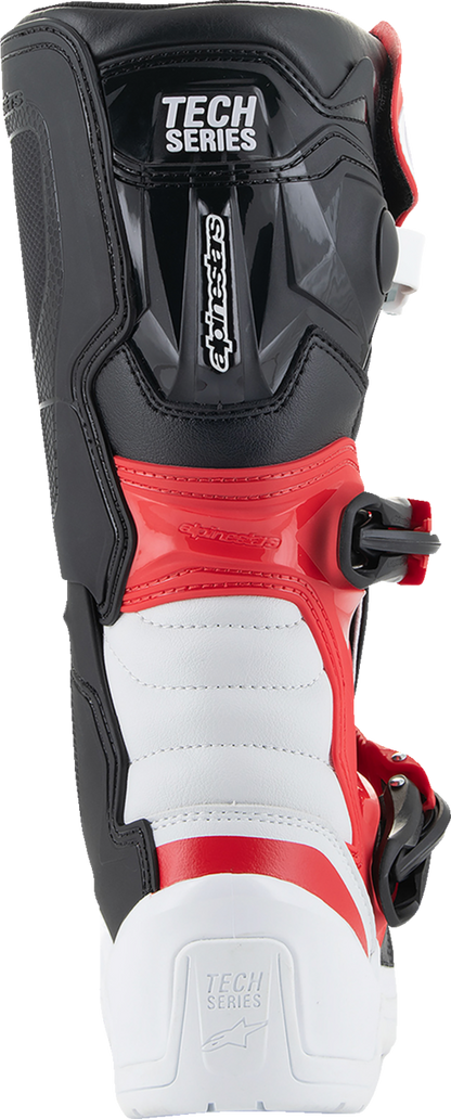 Alpinestars Youth Tech3S motorcycle riding boots in white, black, and red for junior riders, featuring protective design and ankle support.