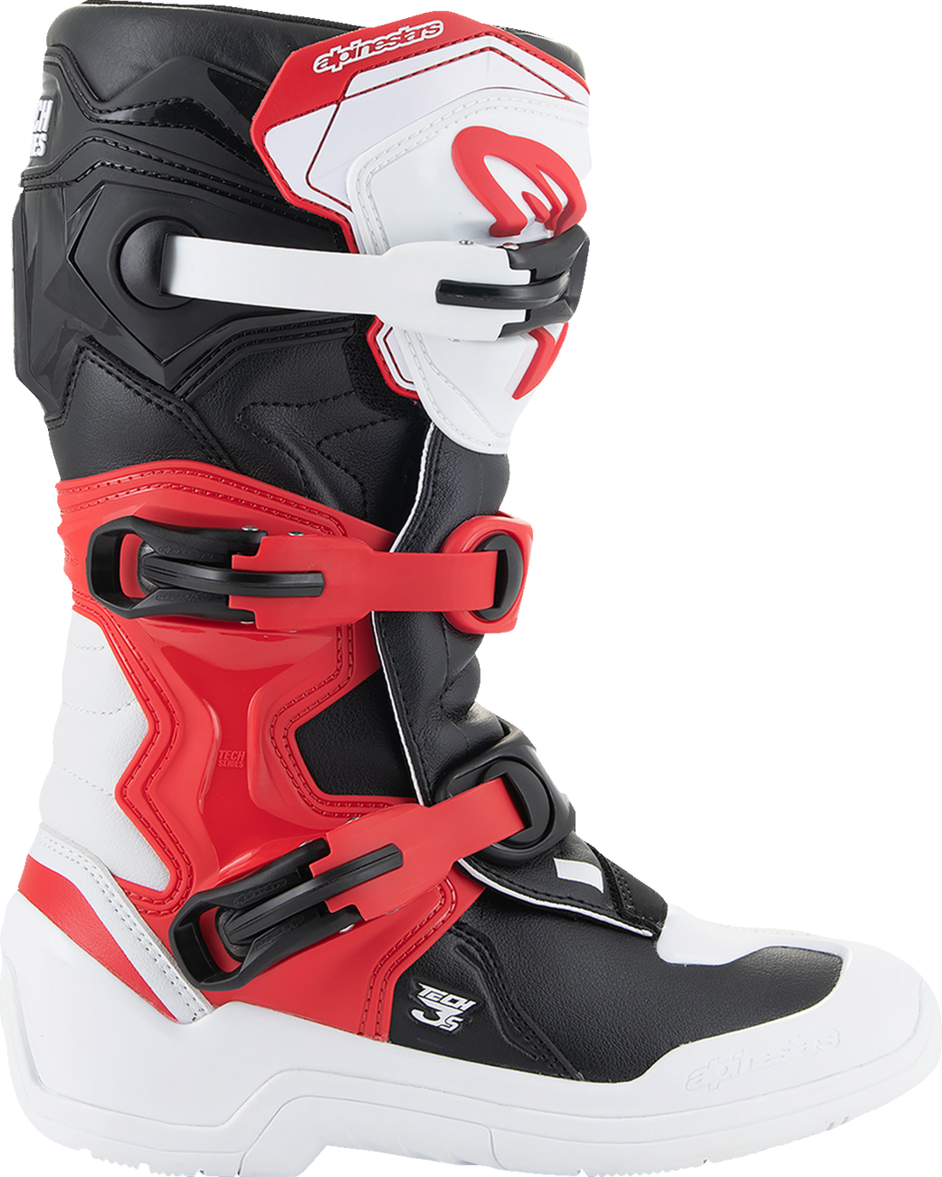 Alpinestars Youth Tech3S motorcycle riding boots in white, black, and red for junior riders, with adjustable straps and protective features.