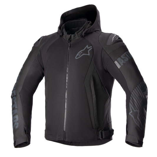 Alpinestars Zaca Air Jacket in black, large size, with lightweight design and aerodynamic panels, front view.
