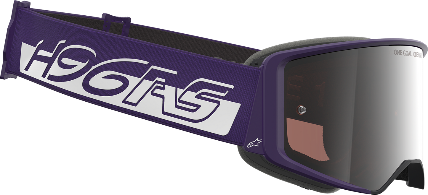 Alpinestars Supertech Goggle Hunta 96 XXV in purple and white with silver mirror lens, designed for motocross and racing.
