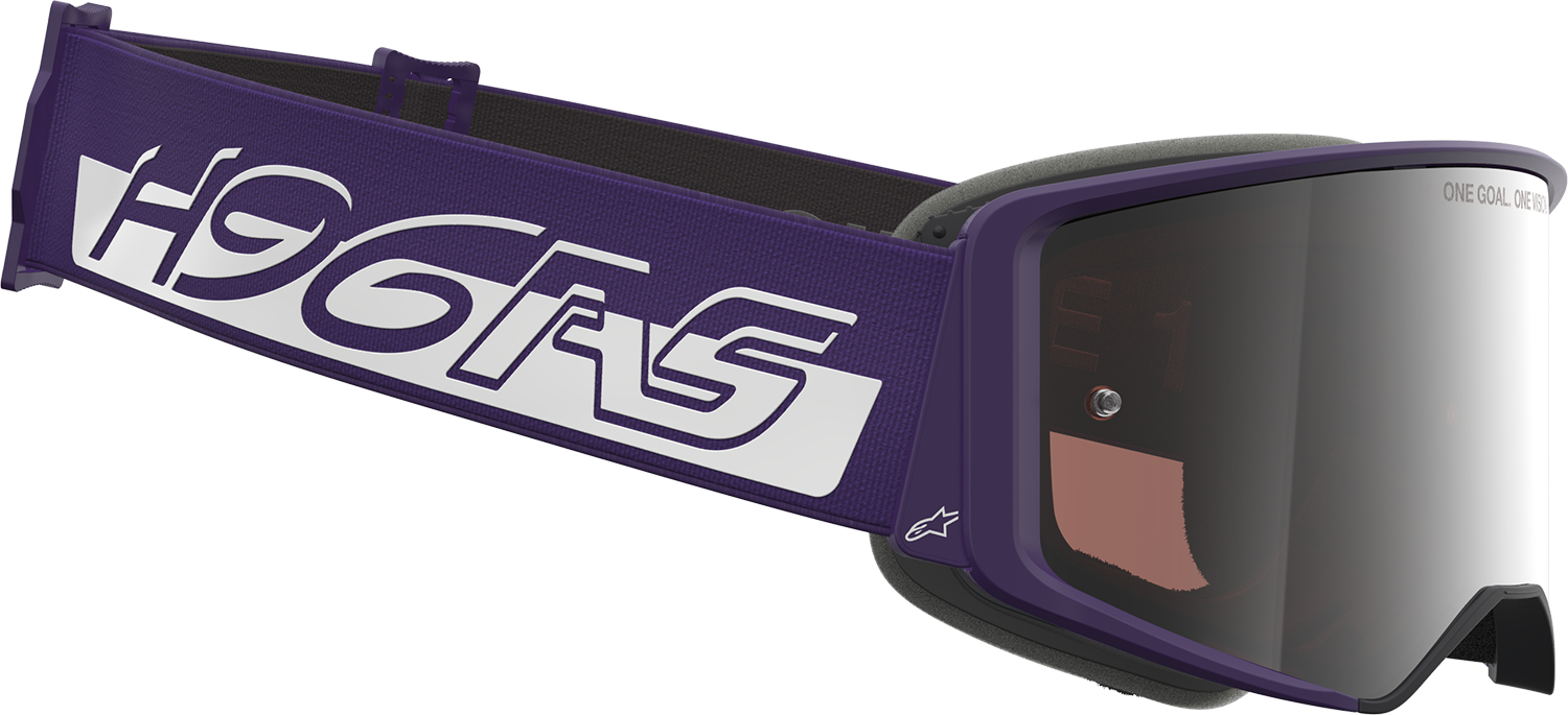 Alpinestars Supertech Goggle Hunta 96 XXV in purple and white with silver mirror lens, designed for motocross and racing.