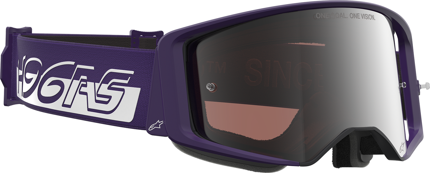 Alpinestars Supertech Goggle Hunta 96 XXV in purple and white with silver mirror lens, featuring adjustable strap and ventilation.
