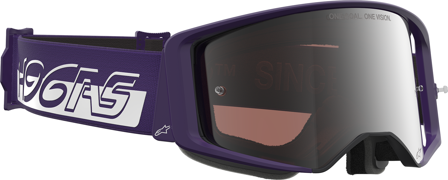 Alpinestars Supertech Goggle Hunta 96 XXV in purple and white with silver mirror lens, featuring adjustable strap and ventilation.