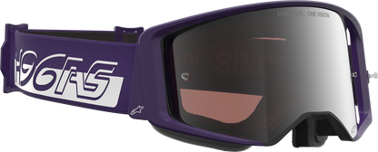 Alpinestars Supertech Goggle Hunta 96 XXV in purple and white with silver mirror lens, featuring adjustable strap and ventilation.