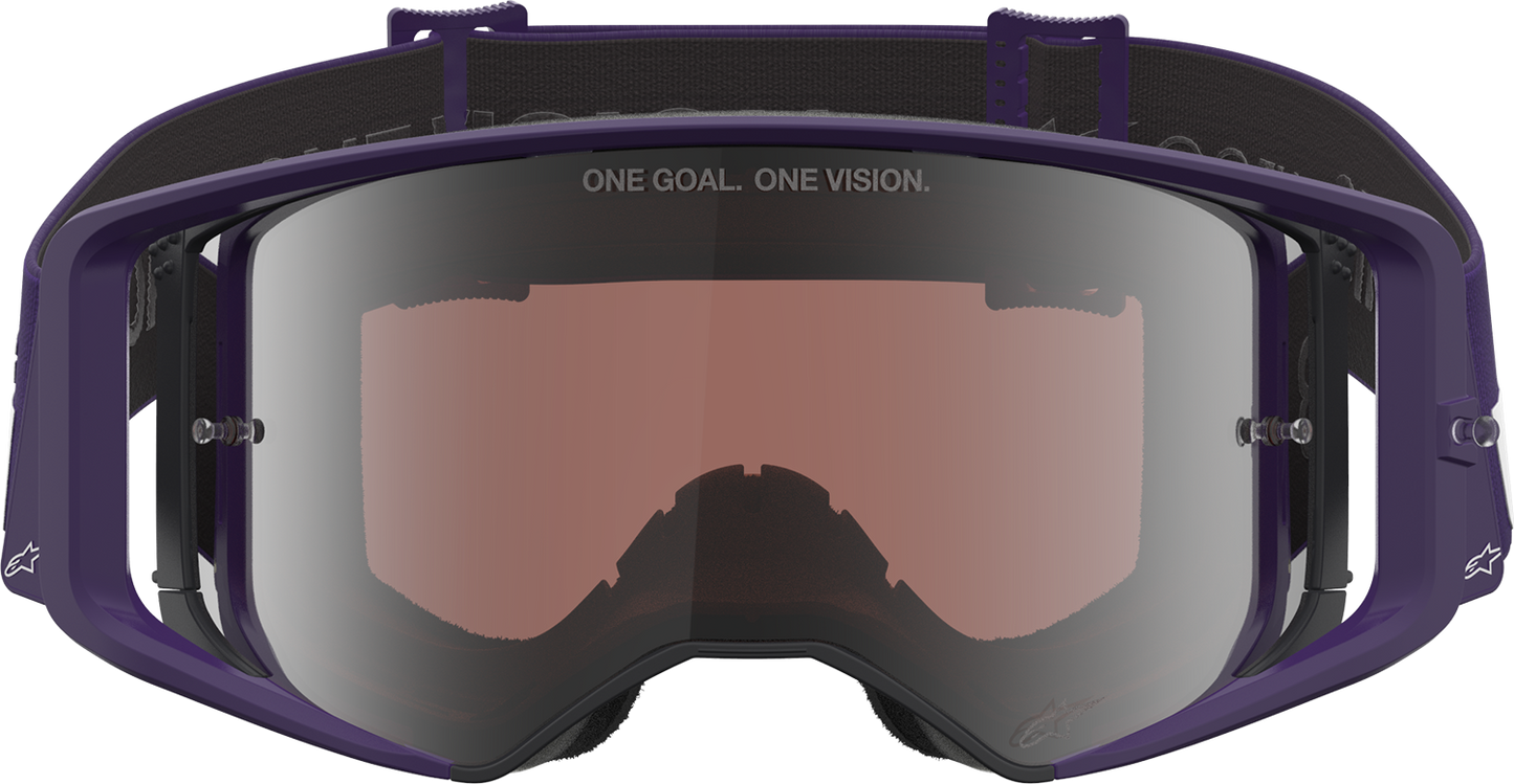 Alpinestars Supertech Goggle Hunta 96 XXV in purple and white with silver mirror lens, designed for high-performance motocross.