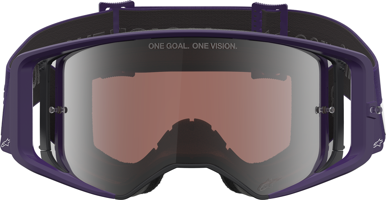 Alpinestars Supertech Goggle Hunta 96 XXV in purple and white with silver mirror lens, designed for high-performance motocross.