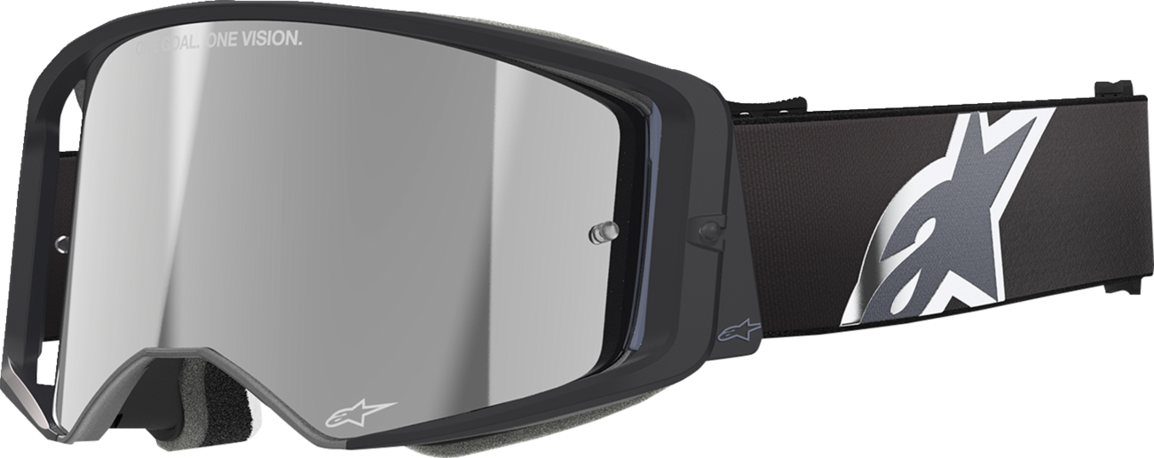 Alpinestars Supertech goggles with gray mirror lens, featuring a sleek design and adjustable strap for motorcycling.