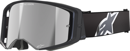Alpinestars Supertech goggles with gray mirror lens, featuring a sleek design and adjustable strap for motorcycling.