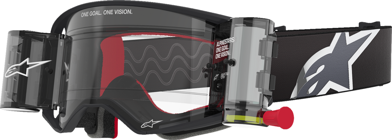 Alpinestars Supertech Roll-Off Goggle with black and gray frame and clear lens, designed for motorcycle racing.
