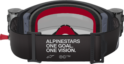 Alpinestars Supertech Roll-Off Goggle with black and gray frame and clear lens for motocross or racing.