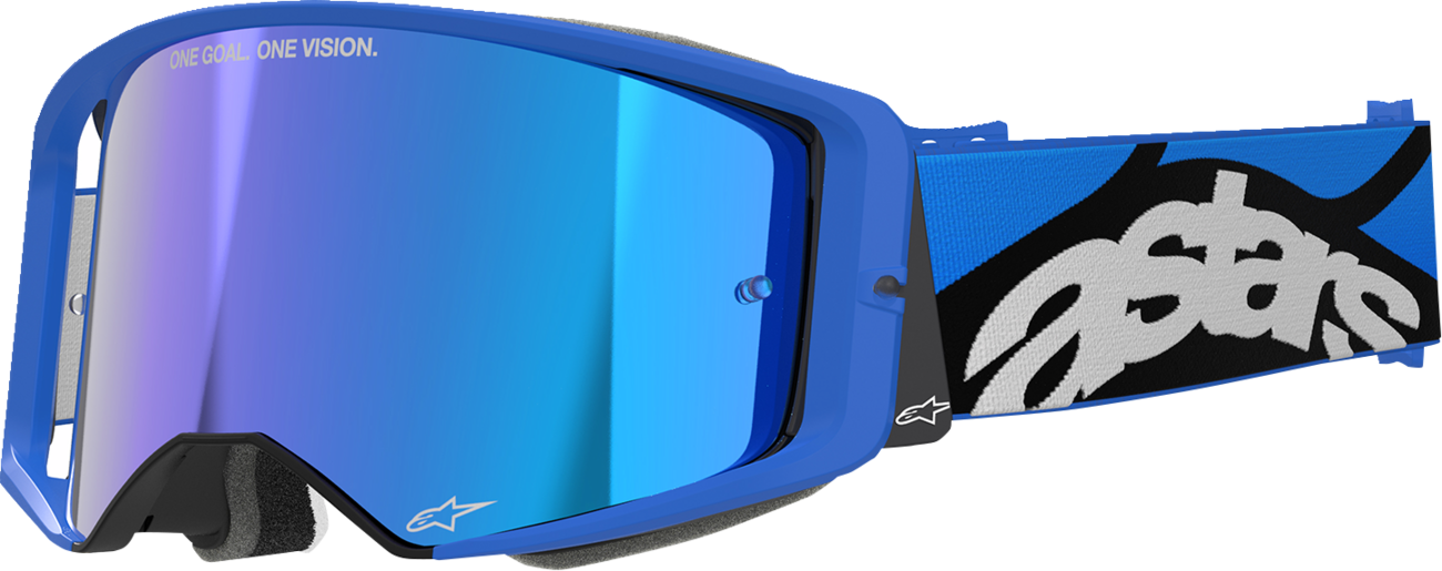 Alpinestars GOGGLES Supertech Stream blue mirror lens with ABS Vision, featuring a sleek design and adjustable strap for motorcycle riding.