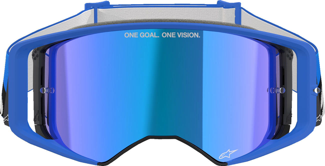 Alpinestars Goggles Supertech Stream with blue mirror lens and ABS Vision; close-up of goggles designed for motorsports.