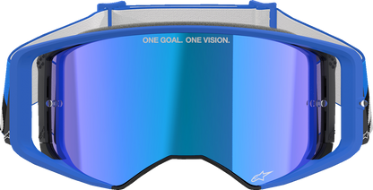 Alpinestars Goggles Supertech Stream with blue mirror lens and ABS Vision; close-up of goggles designed for motorsports.