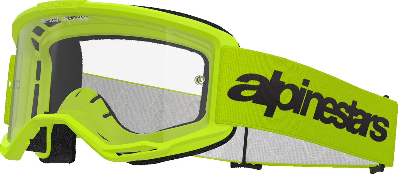 Alpinestars GOGGLES Vision 3 yellow goggles with clear lens, adjustable strap, and Alpinestars logo for motorcycling or sports.