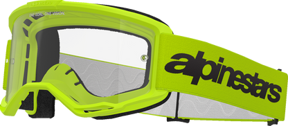 Alpinestars GOGGLES Vision 3 yellow goggles with clear lens, adjustable strap, and Alpinestars logo for motorcycling or sports.