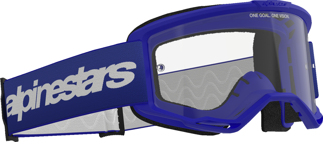 Alpinestars Vision 3 Blue goggles with clear lens, featuring adjustable strap with Wordmark logo, designed for motorcycling.