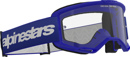 Alpinestars Vision 3 Blue goggles with clear lens, featuring adjustable strap with Wordmark logo, designed for motorcycling.