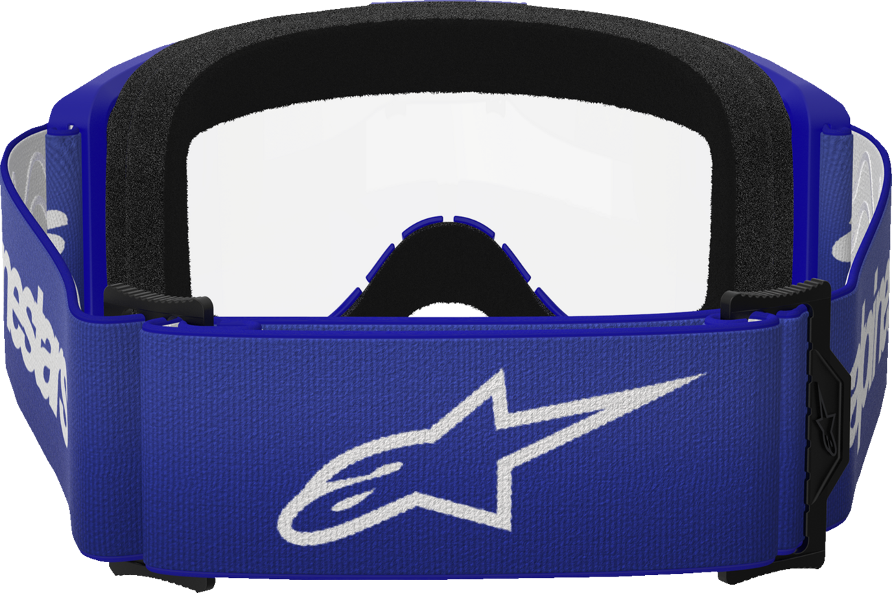 Alpinestars GOGGLES Vision 3 Wordmark Blue with clear lens, motorcycle riding goggles with adjustable strap and tinted blue frame.