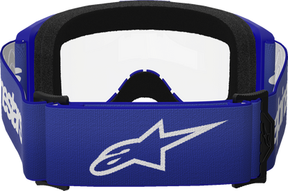Alpinestars GOGGLES Vision 3 Wordmark Blue with clear lens, motorcycle riding goggles with adjustable strap and tinted blue frame.