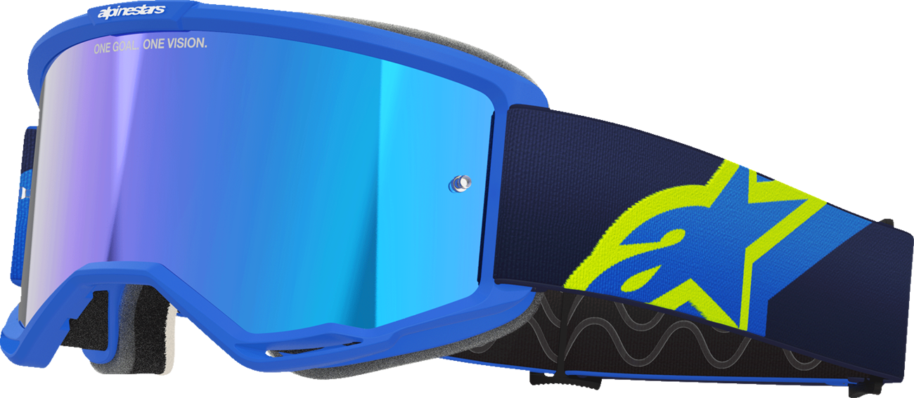 Alpinestars Vision 5 goggles in blue and yellow with blue mirror lens, featuring adjustable strap and sporty design.