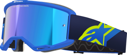 Alpinestars Vision 5 goggles in blue and yellow with blue mirror lens, featuring adjustable strap and sporty design.