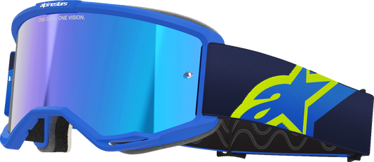 Alpinestars Vision 5 goggles in blue and yellow with blue mirror lens, featuring adjustable strap and sporty design.