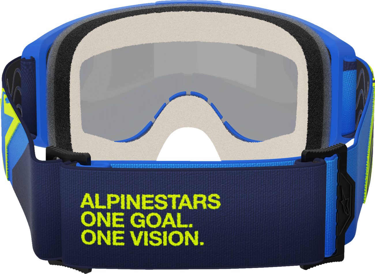 Alpinestars GOGGLES Vision 5 with blue/yellow frame and blue mirror lens, designed for motocross or off-road riding.
