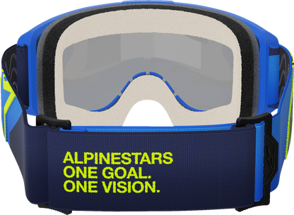Alpinestars GOGGLES Vision 5 with blue/yellow frame and blue mirror lens, designed for motocross or off-road riding.