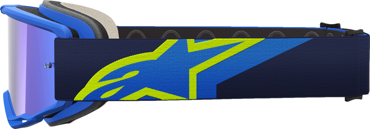 Alpinestars Vision 5 goggles in blue and yellow with a blue mirror lens, featuring a sporty design for motocross or racing.