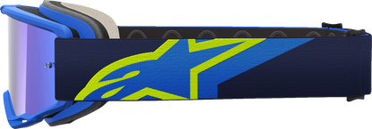 Alpinestars Vision 5 goggles in blue and yellow with a blue mirror lens, featuring a sporty design for motocross or racing.