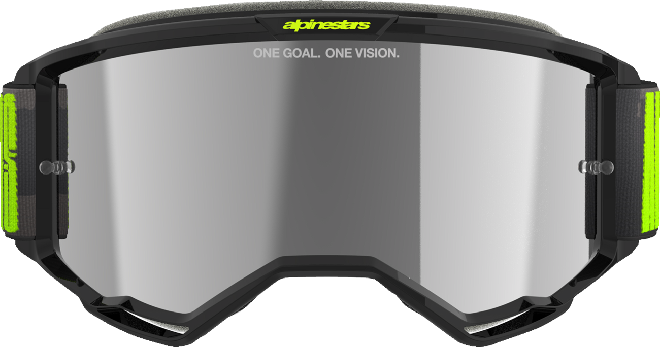 Alpinestars GOGGLES Vision 5 Hollow in Charcoal and Yellow Fluo with Silver Mirror Lens, showcasing sleek design and adjustable straps.