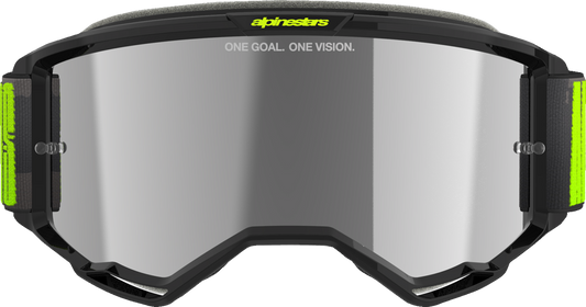 Alpinestars GOGGLES Vision 5 Hollow in Charcoal and Yellow Fluo with Silver Mirror Lens, showcasing sleek design and adjustable straps.