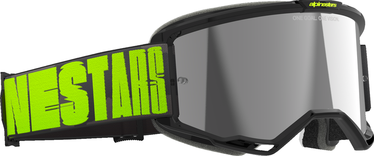 Alpinestars Vision 5 Hollow goggles with charcoal and yellow fluo frame, silver mirror lens, designed for motorcycle riding.