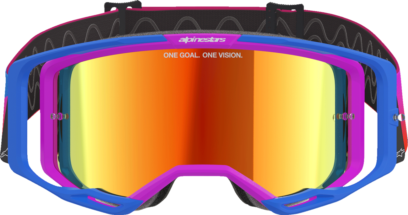 Alpinestars Vision 8 goggles with blue, purple, orange frame and red mirror lens, designed for motocross and off-road riding.