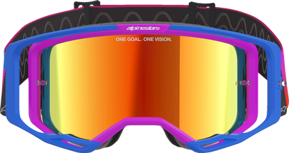 Alpinestars Vision 8 goggles with blue, purple, orange frame and red mirror lens, designed for motocross and off-road riding.