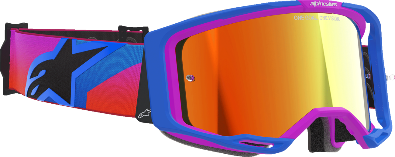 Alpinestars Vision 8 goggles with blue, purple, orange frame and red mirror lens, designed for motocross and off-road riding.