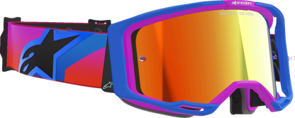 Alpinestars Vision 8 goggles with blue, purple, orange frame and red mirror lens, designed for motocross and off-road riding.
