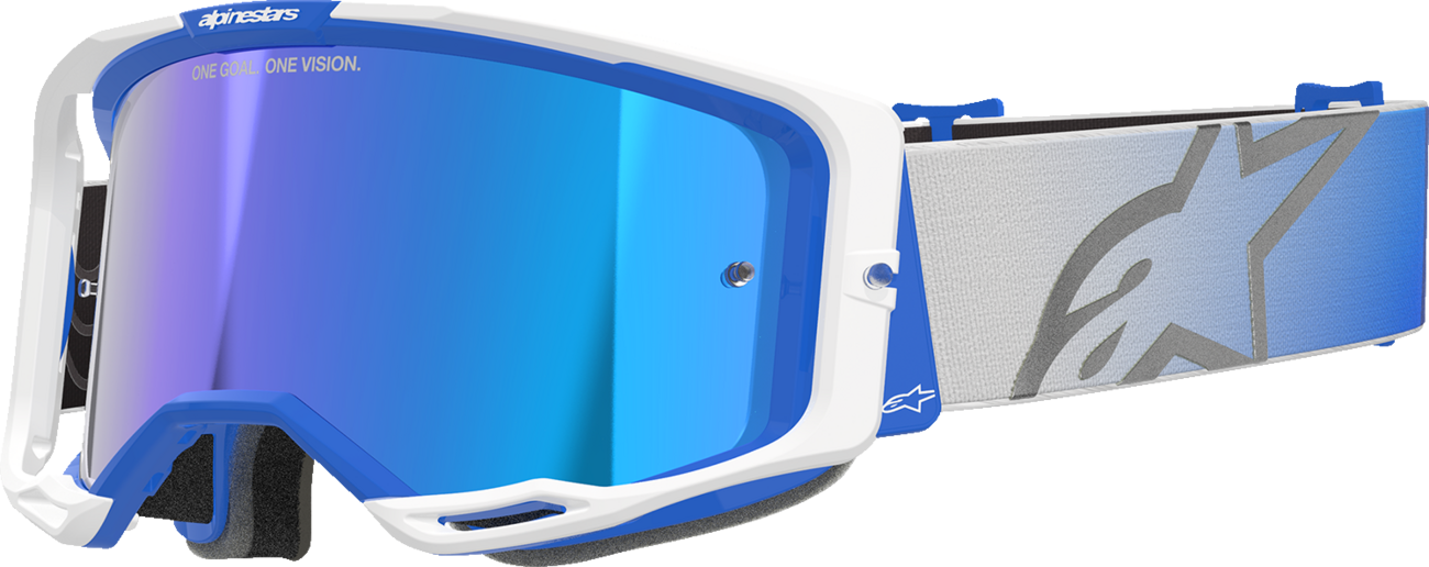 Alpinestars Vision 8 goggles with blue and white frame and blue mirror lens, designed for motocross or off-road riding.