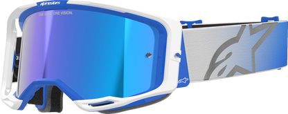 Alpinestars Vision 8 goggles with blue and white frame and blue mirror lens, designed for motocross or off-road riding.