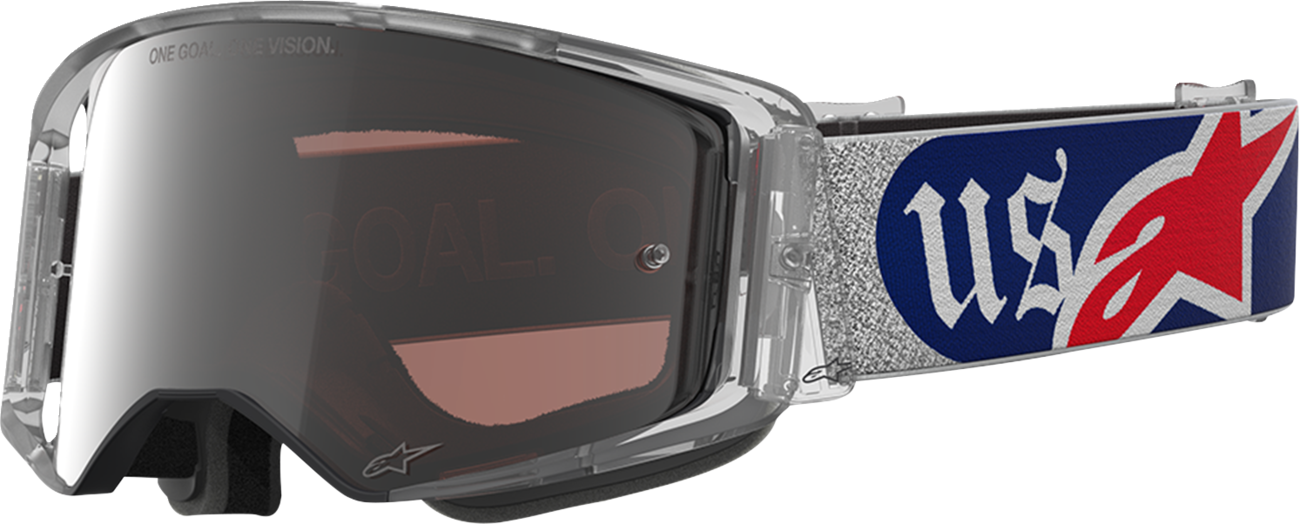Alpinestars Supertech Goggle Merica 25 with red, blue, silver, and copper accents, designed for motocross racing.