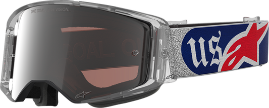 Alpinestars Supertech Goggle Merica 25 with red, blue, silver, and copper accents, designed for motocross racing.