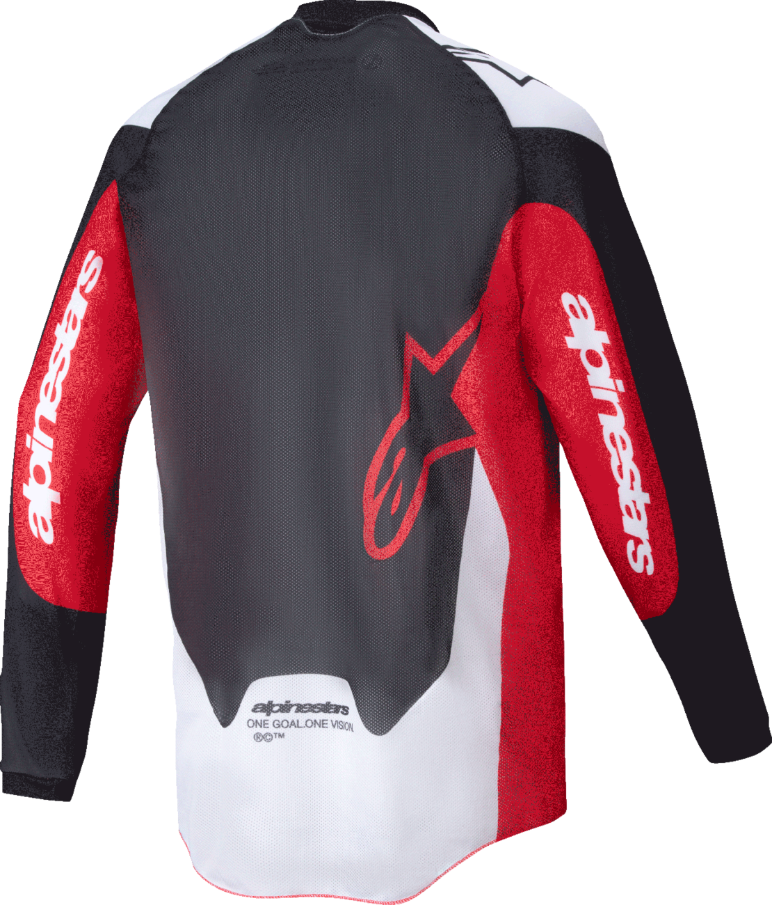 Alpinestars Pro-Dura long-sleeve jersey in black, bright red, and white, size large, with logo and sporty design.