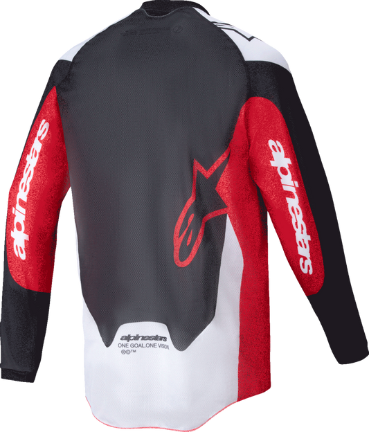 Alpinestars Pro-Dura long-sleeve jersey in black, bright red, and white, size large, with logo and sporty design.