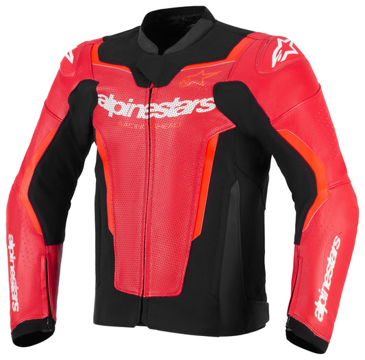 Alpinestars GP Force Air Flo motorcycle leather jacket in red and black, designed for airflow and riding comfort.