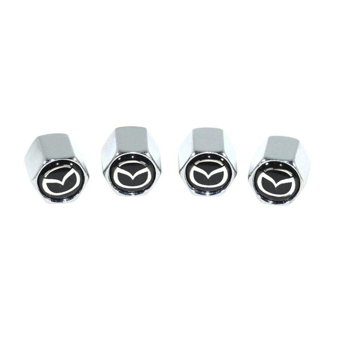 Chrome Valve Stem Tire Caps, Style: MAZDA on Black Background - Howling Moto