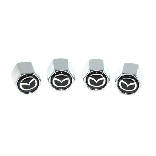 Chrome Valve Stem Tire Caps, Style: MAZDA on Black Background - Howling Moto