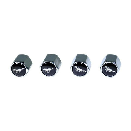 Chrome Valve Stem Tire Caps, Style: Mustang, Black Background - Howling Moto