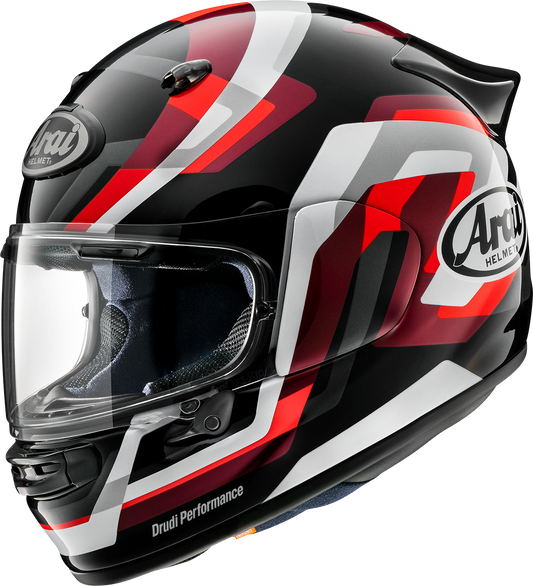 Red ARAI HELMETS Contour-X Snake helmet in small size with a sleek design, featuring the brand logo and aerodynamic shape.
