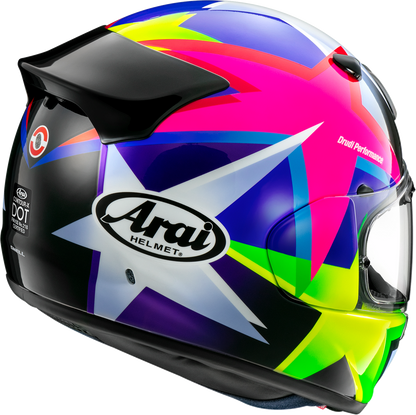 Small ARAI Helmets Contour-X Star helmet with aerodynamic design and ventilation, featuring sleek black finish and adjustable straps.